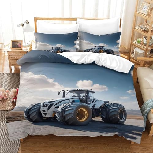 SJSXWQN Bettwäsche 155x220 Blauer Traktor Bettwäsche Set Reißverschluss Schließung für Kinder Jugendliche Weicher Atmungsaktive Mikrofaser Bettbezug + 2 Kopfkissenbezug 80x80 cm
