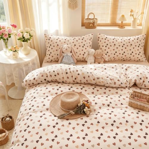 Covebett Herz Bettwäsche 135x200 Beige mit Braun Herzen Muster Romantisch Bettbezug Set 2teilig Aesthetic Herzchen Mädchen Weiche Mikrofaser Bettwäsche-Sets mit Reißverschluss und Kissenbezug 80x80 cm