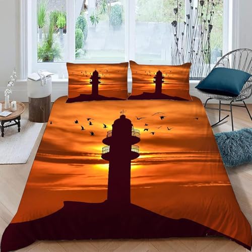 Bettwäsche 220x240 Leuchttürme Weich Mikrofaser Sonnenuntergang Bettwäsche-Sets 3D Bettbezug 3 Teilig Bettbezüge mit Reißverschluss und 2 Kissenbezug 80x80 I.2772