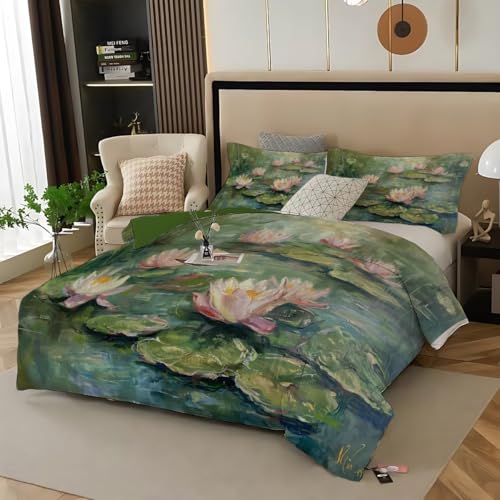 JEDTAKCT Reversibel Bettwäsche 135X200 Winter Seerosen Im Teich Druck Bettwäsche Wintermotiv Klassisches Ölgemälde Weihnachts-Bettwäsche 135X200 + 80X80 cm - Winterbettwäsche Microfaser