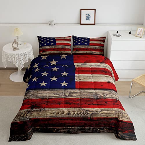 Bettwäsche amerikanischer Flagge, volle Größe, braunes Holzbrett, Landhaus Retro Stil, natürlicher Stil, Steppdecken für Mädchen, Geschenk, Mikrofaser Bettwäsche Se t 2 Kissenbezügen
