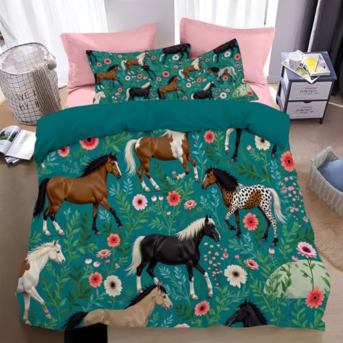 Bettwäsche 135 * 200cm blaugrün Retro Luxus Tiere Bettbezug Set 3 Teilig Blumenpferd Blümchen Blumenmuster Weich Bettwäsche-Sets mit 2 Kissenbezüge 80x80 cm und Reißverschluss