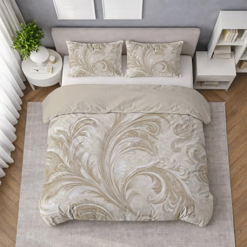 Generisch Bettwäsche 140 x 200 cm Hellbeige Superweiche Mikrofaser Bügelfrei Wende Bettbezüge mit Reißverschluss Viktorianisch Design Atmungsaktiv & kuschelig Bettwäsche-Set Vintage Elegant