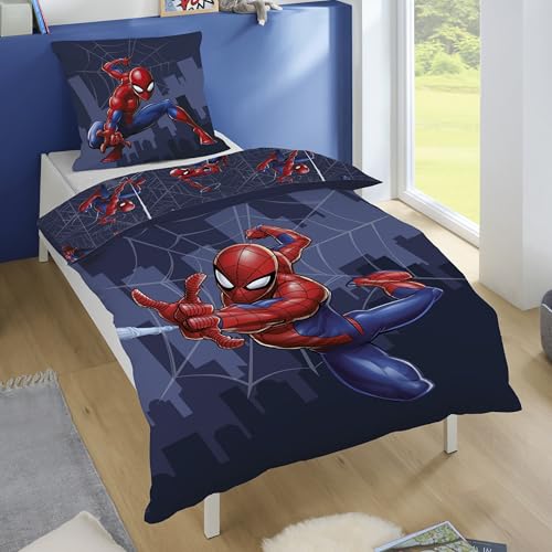 Spiderman Bettwäsche Set (2-teilig) für Jungen, Blau, Renforcé aus 100% Baumwolle - Decken- und Kissenbezug 135x200 80x80 cm mit Reißverschluss - Wendemotiv, weich, atmungsaktiv, Öko-Tex