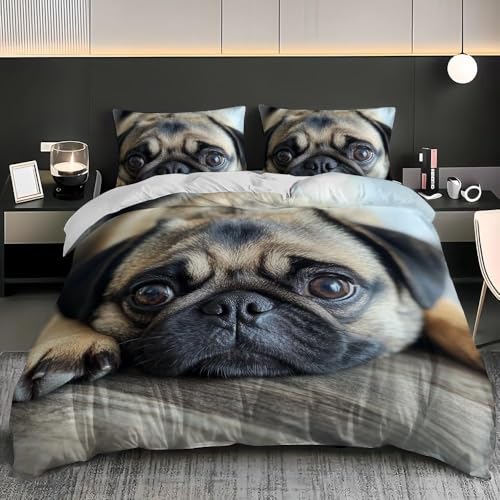 Bettwäsche 200x220 Mops Bettwäsche-Sets Niedlicher Hund Bettbezug mit Reißverschluss 3D Weiche Mikrofaser Bettbezüge mit 2 Kissenbezüge 80x80 cm C-1022