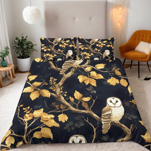 Eule, Goldene Blätter Bettwäsche 135X200Cm Kinder Junge Mädchen 3D Effekt Bettbezug Jugendliche Bettwäsche-Set Mikrofaser Bettbezug Mit Reißverschluss Und 2 Kissenbezug 80X80Cm