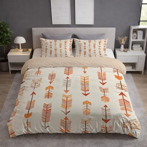 Beige Bettwäsche Set (180 x 200) - Flauschige Bettwäsche - Atmungsaktiv Warm Hautfreundlich - Weiche Bettwäsche - Mit Reißverschluss - Bohemian Pfeil Federn Minimalistisch