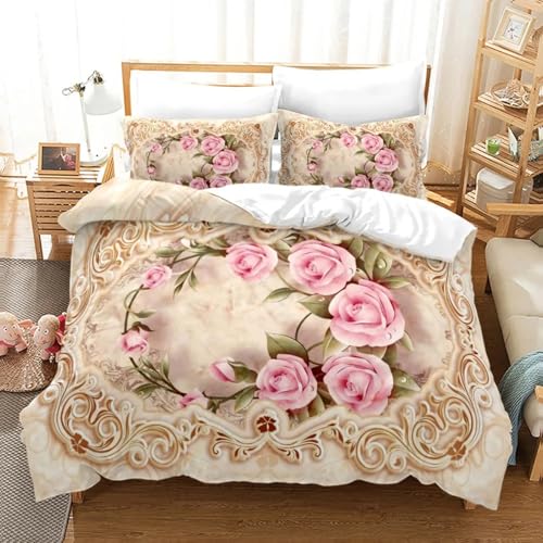 Blumen Bettwäsche 135x200 Romantisch Blümchen Bettwaesche Damen Mädchen Set mit Reißverschluss 3 Teilig Romantisches Thema Rosa Bettwäsche Dekor (Farbe 5#,200x200/80x80 cm)