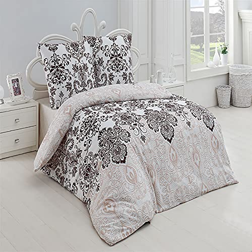Buymax Bettwäsche 155x220 Baumwolle 2-Teilig Bettgarnitur mit Bettbezug und Kissenbezug 80x80 Renforce Bettwäsche-Set Fleur de Lis Ornamente Ranken-Muster , Braun Beige