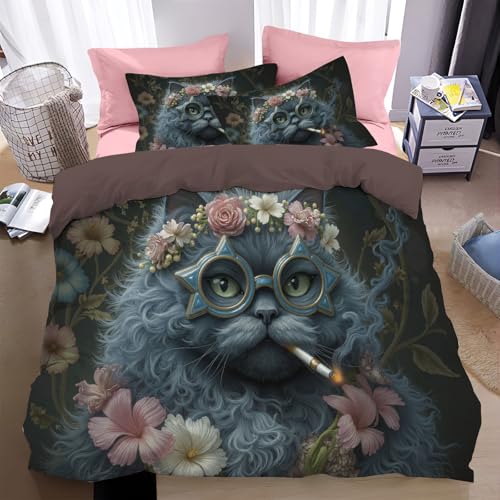 Bettwäsche 200*200cm Indigo Floraler Luxus Tiere Bettbezug Set 3 Teilig Porträt eines Haustieres Blümchen Blumenmuster Weich Bettwäsche-Sets mit 2 Kissenbezüge 80x80 cm und Reißverschluss