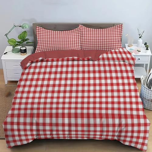 MULERN Bettwäsche Geometrisch Mikrofaser, Bettwäsche-Sets 3 Teilig mit Reißverschluss, Rot Weiß Kariert Muster, Rot Bettbezug 135x200cm mit 2 Reißverschluss Kissenbezug 80x80 cm