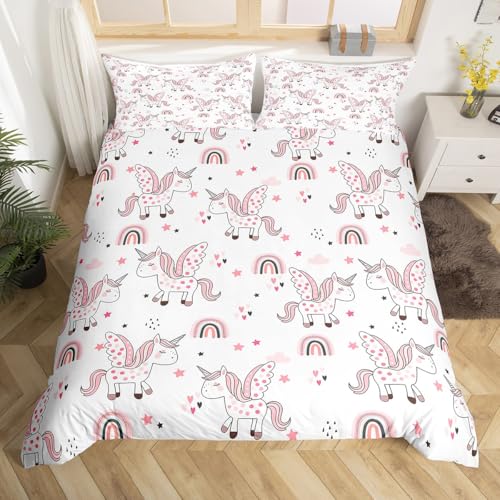 Einhorn Kinder Bettwäsche Set S Größe,Pink Rainbow Stars Cloud Print Bettdecke Mädchen Teens Zimmer Dekor,Träumiges Einhorn Deckbedeckung Pink Dots Quilt Cover,1 Kissenbezug