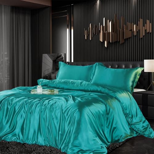 Gezu Bettwäsche Set Satin 155x220cm 3teilig Glänzend Grün Silky Touch Glänzend Seide Einfarbig Bettbezug Set Glatt Luxus Bettwäsche Set weicher Doppelbettmit Reissverschluss und Kissenbezüge 80x80cm