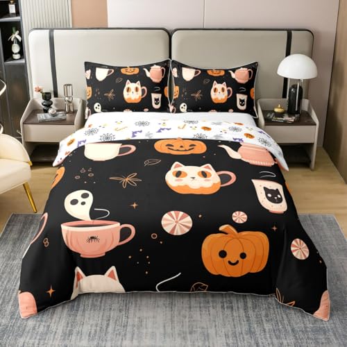 Homemissing Halloween 100% Baumwolle Bettwäsche Set 220x240cm Kinder Kürbis Geister Bettbezug für Jungen Mädchen Teens niedliche Katzen Betten Kohle schwarz atmungsaktive weiche Bettwäsche-Set