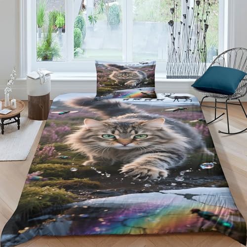 CHUIYUFULAN Norwegian Forest Katze Bettbezug Set Bettwäsche Kinderbettwäsche-Set Reißverschluss Mit Kissenbezug, Betten Set Für Jungen Und Mädchen, Kinder Single?135x200cm?