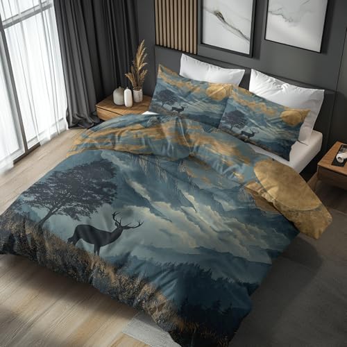 Hirsch Wald Bettwäsche 200x220 Bügelfreie - Mond Berg Tiere Muster, Renforce Wendebettwäsche Bettbezug 3-teilig Set Cozy Mikrofaser Mit Reißverschluss, 2 Kissenbezug 80x80, Geschenk Hirsch Wald Hirsch Wald Bettwäsche 200x220 Bügelfreie - Mond Berg Tiere Muster, Renforce Wendebettwäsche Bettbezug 3-teilig Set Cozy Mikrofaser Mit Reißverschluss, 2 Kissenbezug 80x80, Geschenk Hirsch Wald