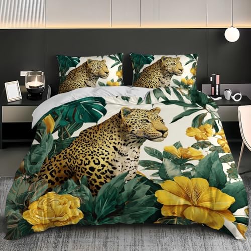 Bettwäsche-Sets 200x200 cm mit 2 Kissenbezug 80x80 - Tropische Pflanze Goldener Leopard Atmungsaktive Bettbezug, Weich und Bügelfrei 3 teilig Mehrfarbig Bettbezüge für Kinder Erwachsene Bettwäsche-Sets 200x200 cm mit 2 Kissenbezug 80x80 - Tropische Pflanze Goldener Leopard Atmungsaktive Bettbezug, Weich und Bügelfrei 3 teilig Mehrfarbig Bettbezüge für Kinder Erwachsene