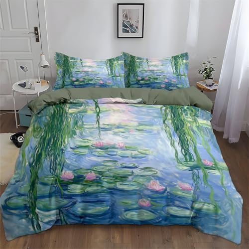 Srigzcaly Bettwäsche 135 x 200 cm Malerei Impressionismus Seerosen Blau Bettbezug, ÖkoTex Bettwäsche Sets 3 teilig, Super Weich & Bügelfrei Mikrofaser Wendebettwäsche und 2 Kissenbezug 80x80 cm, Blau