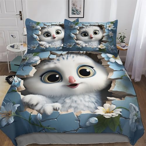PAZZK Cute Eule 3D Muster Bettwäsche Bettbezug Set 2 teilig Deckenbezug + Kopfkissenbezug, Angenehme Microfaser Bettbezüge Für Jungen Mädchen Mit Reißverschluss Single (135x200cm)