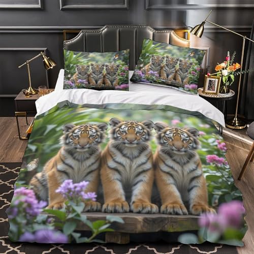 Tiger Cubs 3D-Digitaldruck-Bettwäsc he-Set, 3-teilig, Mikrofaser, farbecht, Naturgartenszene, Bettbezug, 2 Kissenbezüge, Reißverschluss, Bettwäsche, Jungenzimmer, Super-Kingsize-Bett (260 x 220 cm)