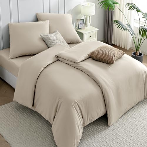 JELLYMONI Bettwäsche 135x200 Baumwolle 4-Teilig Bettwäsche-Sets Beige Oeko-Tex 100% Gewaschene Baumwolle 2 Bettbezüge mit Reißverschluss und 2 Kissenbezüge 80X80 mit Umschlag Weich