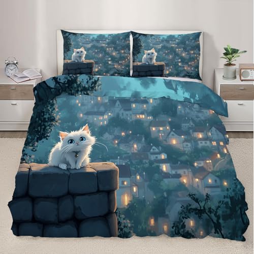 Fantasy Town Bettwäsche-Set für King-Size-Bett, weißes Kätzchen, Twilight Village, Stadthaus, gemütlich, niedlich, Bettbezug mit Kissenbezügen für Schlafzimmer