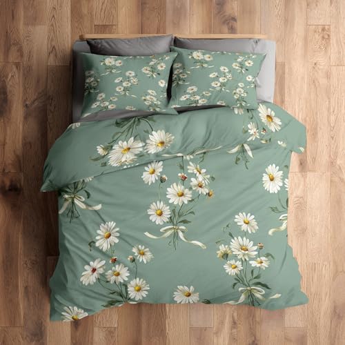 Generisch Bettwäsche Margeriten 135x200, Salbeigrün Weiße Blumen Motiv Wendebettwäsche & Deko, Weiche Microfaser Bettbezug mit Reißverschluss und 1 Kissenbezug 80x80, 2tlg - ASD14837