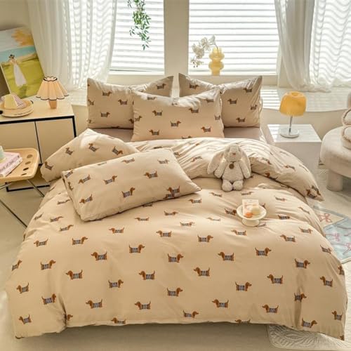Freyamy Bettwäsche 135x200cm 2teilig Khaki Braun Dackel Kinderbettwäsche Microfaser Mädchen Teen Bettwaren-Sets Dackelmuster Deckenbezug 1 Bettbezug mit Reißverschluss und 1 Kissenbezug 80x80cm