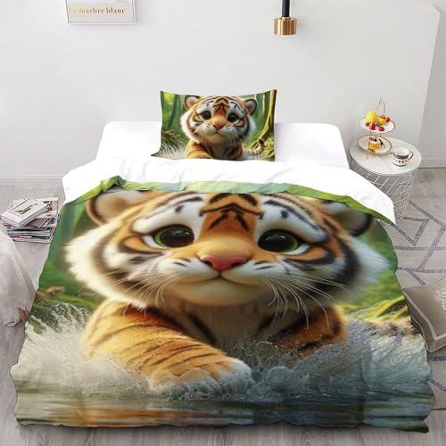 YOERHUGD Der kleine Tiger. Bettbezug Waldtiere Süße Tiere Bettwäsche Set 2 Teilig Und Reißverschluss 1 Kissenbezug Mikrofaser Für Erwachsene Kinder Single?135x200cm?