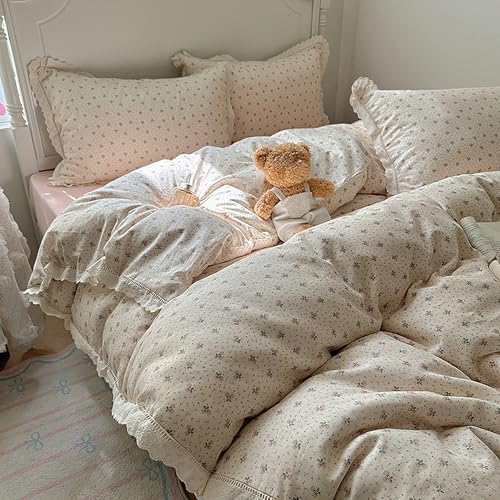 GETIYA Mädchen Damen Blumen Bettwäsche 135x200 Baumwolle Musselin Bettwäsche Beige Blumen Bettbezug mit Weiß Rüschen Blümchen Deckenbezug mit Reißverschluss und 1 Kissenbezug 80x80