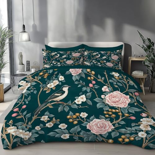 Blumenvögel Wende BettwäSche Set, Vintage-Stil Im Chinesischen Stil Bettbezug Mit ReißVerschluss, Türkis Microfaser Bedruckte BettwäSche-Sets 2 Teilig, 1 Bettbezug Und 1 Kissenbezug, 135 x 200 cm