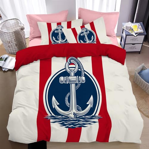 WunM Studio Bettwäsche 200 * 200cm 3 teilig Bettdeckenbezug,Rote Streifen Anker- und nautisches Thema Muster mit 2 Kissenbezügen 80x80cm,Mikrofaser Bettbezug mit Reißverschluss,Bügelfre i und Weich