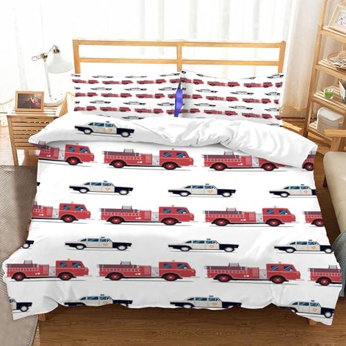Hongduo 3D Karikatur Polizeiwagen Bettwäsche 135x200 cm Weich Mikrofaser Feuerwehr Rettungsfeuerlösch Bettwäsche-Sets mit Reißverschluss 3 Teilig Bettbezüge mit 2 Kissenbezug 80x80 cm