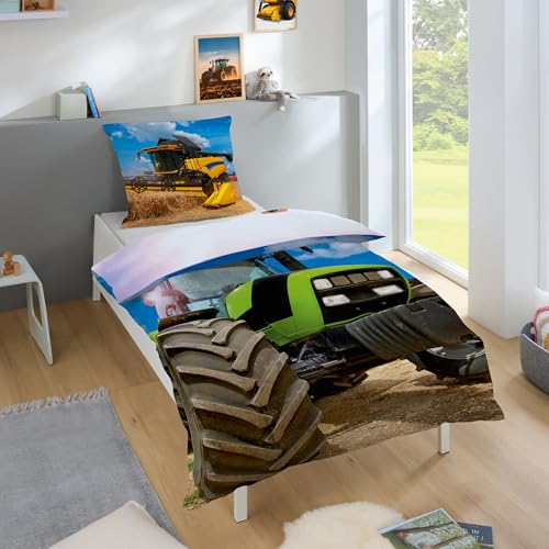 Familando Bettwäsche Set 2 teillig Decke 135x200 Kissen 80x80 cm   Mähdrescher Wendemotiv  100% Baumwolle Reißverschluss   Oeko Tex Kinderbettwäsche   Atmungsaktiv & Hautfreundlich