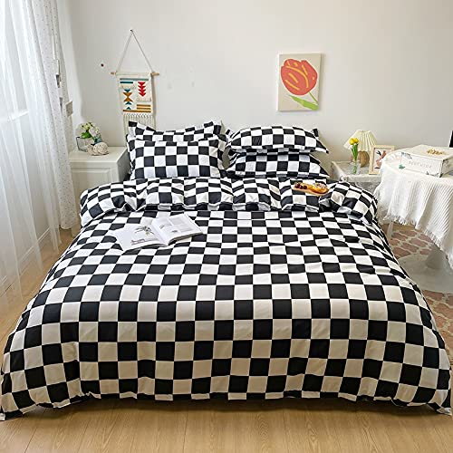 Lunoroey Kariertes Bettbezug-Set, Einzelbett, schwarz-weiß, kariert, kariert, gesteppt, geometrische Mikrofaser, weiches Bettwäsche-Set (1 Bettbezug und 1 Kissenbezug)