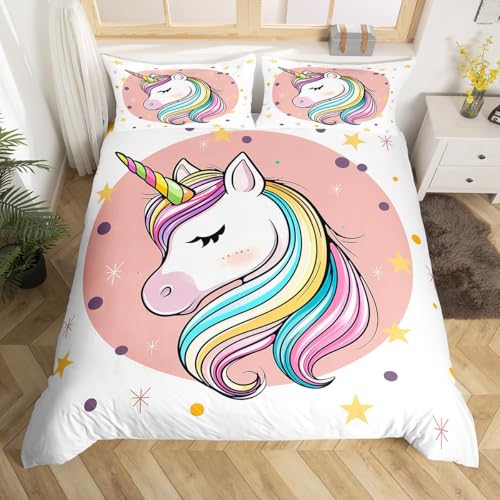 Loussiesd Regenbogen Farbe Einhorn Bettwäsche Set 200x200cm Traumhaftes Pferd Bettwäsche-Set für Jungen Teens Nettes Einhorn Bettbezug Set Sterne Druck Bettbezug Mädchen Bunte Einhorn Betten Set