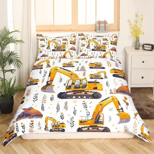 Loussiesd Bagger Bettwäsche Set 135x200cm Traktor Truck Bettbezug Set Kinder Jungen Traktor Maschinerie Baufahrzeug Cartoon Truck Betten Set Schlafzimmer Dekor 2Stück