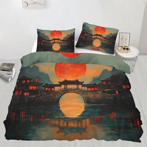 Japanisches Bettbezug-Set, Einzelbett, Steinbogen, Brücke, Bettwäsche mit 1 Kissenbezug, orientalisch, antike Mikrofaser, mit Reißverschluss, für alle Jahreszeiten geeignet (135 x 200 cm)