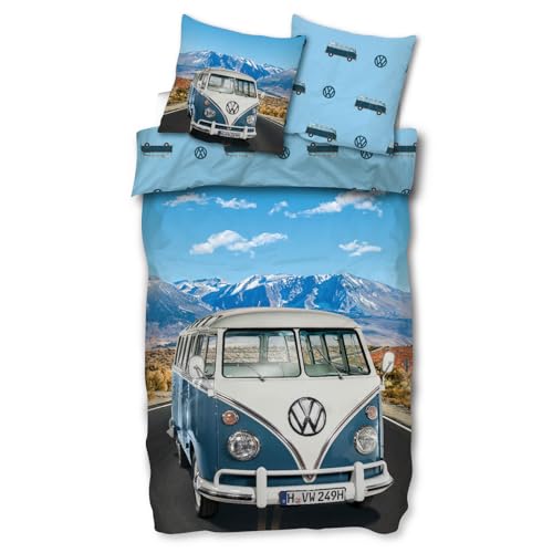 SkyBrands Volkswagen Bettwäsche VW Bulli T1 Panorama Berge Alpen Bus Oltimer Blau Renforcé, Größe:135 cm x 200 cm