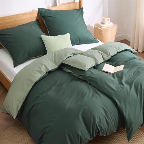 BEDSURE Bettwäsche 135x200 Baumwolle 4teilig - Bettwäsche-Sets Salbeigrün Dunkelgrün Wendebettwäsche 2er Set mit 2 Kissenbezüge 80x80 cm, Oeko-TEX Zweifarbiger Bettbezug mit Reißverschluss