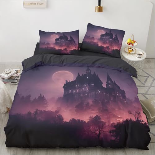 Luowei Halloween Bettwäsche 200x200 Schloss Mond Lila 3D Gothic Bettwäsche Halloween Weich Microfaser Bettwäsche 3 Teilig für Kinder Teenager Geschenk mit Reißverschluss und 2 Kissenbezüge 80x80 cm
