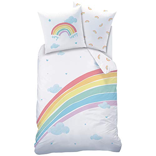 MTOnlinehandel REGENBOGEN Bettwäsche Set · Mädchen-Bettwäsche · Kinderbettwäsche · Very Happy Rainbow · Wolken Sterne Herzen - Kissenbezug 80x80 Bettbezug 135x200 cm - 100 Baumwolle
