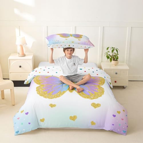 Manfei Cartoon Schmetterling Bettbezug M Größe,Sterne Liebe Herz Geometrisch Bettwäsche Sets Kinder Jungen Teenager Zimmer Dekor,Prinzessin romantisch goldenes lila Quilt Abdeckung, 1 Kissenhülle