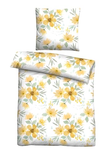 Traumhaft schlafen - Castell - Markenbettwäsche Bettwäsche Baumwoll Seersucker 0020371 BLÜTENZAUBER 1x 135x200 cm + 1x 80x80 cm, gelb