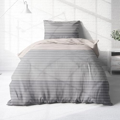 Träumschön Biber Bettwäsche 135x200 cm Bettbezug Baumwolle - Bettwäsche 2teilig grau - Bettwäscheset aus 100% Baumwolle - Bettwäsche gestreift