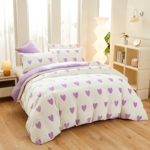Covebett Winter Bettwäsche Flanell 155x220 Herzen Lila Weiß Warme Biber Plüsch Wende Winterbettwäsche 2teilig, Flauschig Fleece Mädchen Bettbezug und 1 Kissenbezug 80x80 mit Reißverschluss