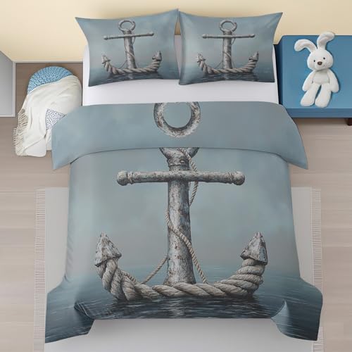 Generisch Anker Bettwäsche 180x200 cm, Nautische Anker Bettwäsche Set 3 Teilig, Grau Blau Weiche Mikrofaser Deckenbezug mit Reißverschluss aus 2 Kissenbezüge 80x80 cm