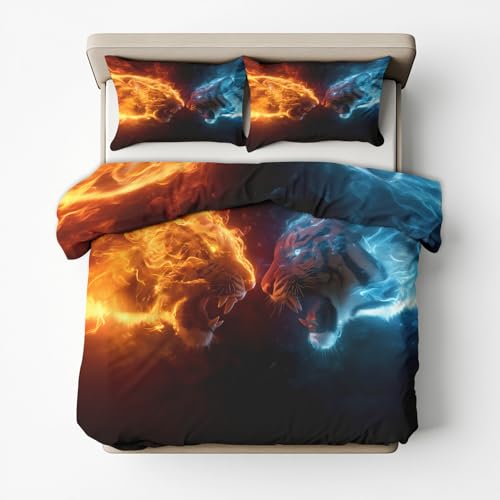Generisch Bettwäsche 135x200 Tiger Design, 2teilig - EIS und Feuer Bettbezug und 1 Kissenbezug 80x80, Wendebettwäsche, Schlafzimmer Deko, Mikrofaser, mit Reißverschluss SD-1096