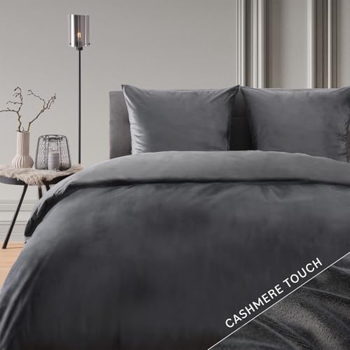 Blumtal Bettwäsche 135x200 cm im Cashmere-Touch - OEKO-TEX zertifizierter Bettdeckenbezug 135x200 + Kissenbezug 80x80 - extra weicher Bettbezug 135 x 200 Mikrofaser/warmes Bettwäsche Set Anthrazit