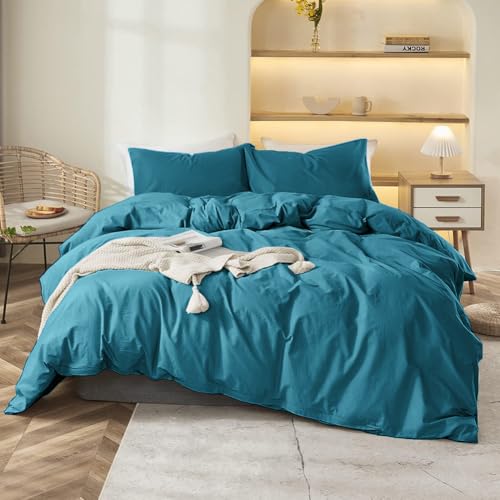 Covebett Bettwäsche 220x240 Blau Petrol Uni Einfarbig Renforce Microfaser Bettbezug Set 3 Teilig Türkis Unifarben Weich Bügelfrei Doppelbett Deckenbezug Reißverschluss und 2 Kissenbezug 80x80cm